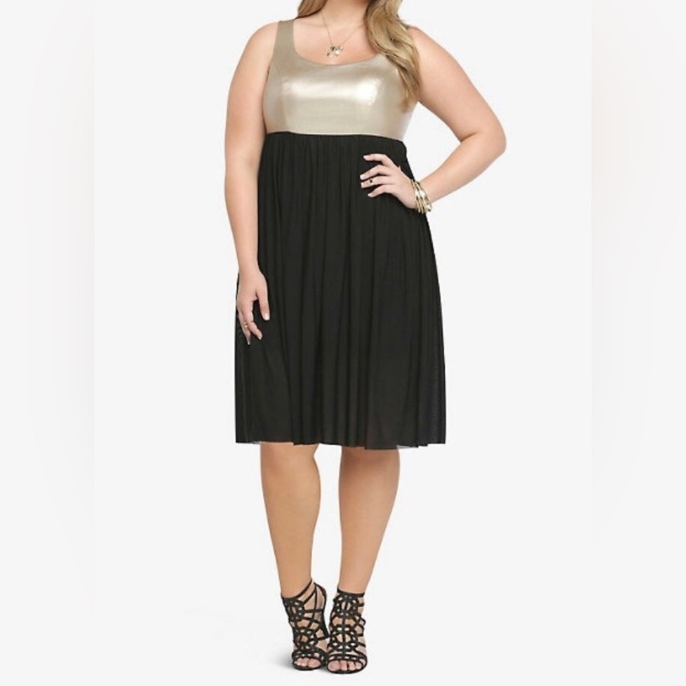 NWT Torrid 18 2X Faux Leather Black Gold Ponte MIDI Dress Tulle Skirt Lined NYE